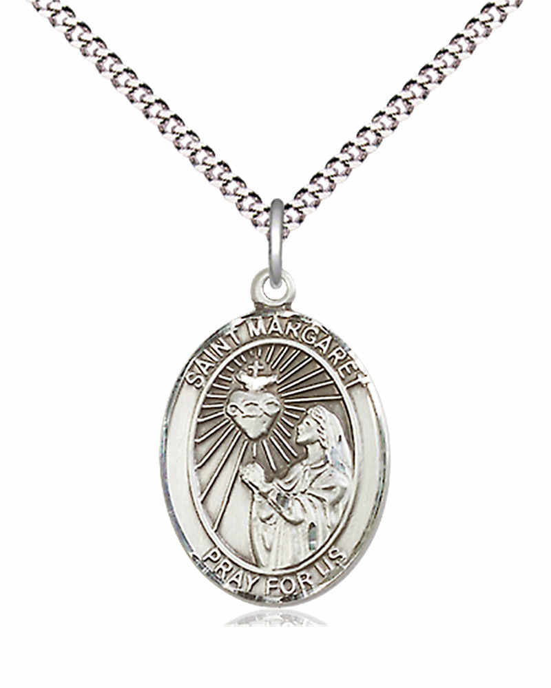 Women's Pewter Oval St. Margaret Mary Alacoque Medal - 18&quot; Rhodium Plated Medium Chain + Clasp
