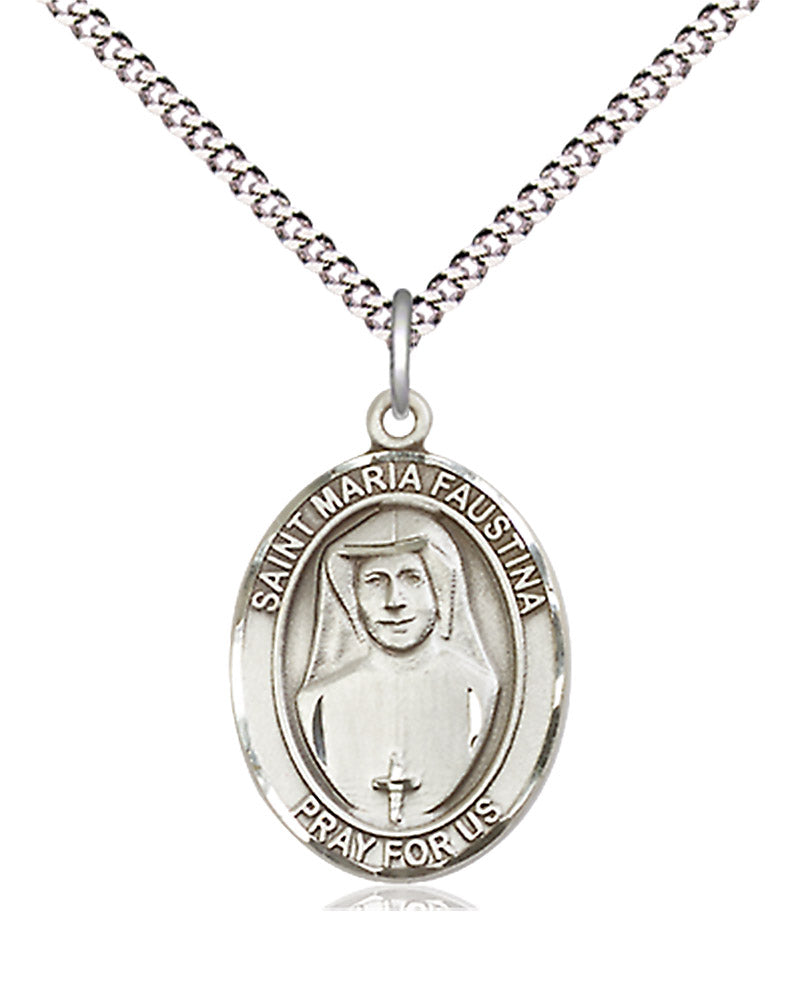 Women's Pewter Oval St. Maria Faustina Medal - 18&quot; Rhodium Plated Medium Chain + Clasp