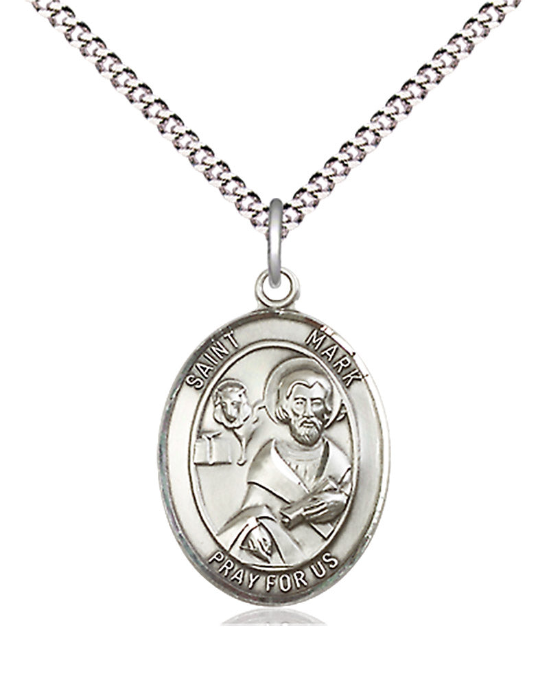 Women's Pewter Oval St. Mark the Evangelist Medal - 18&quot; Rhodium Plated Medium Chain + Clasp