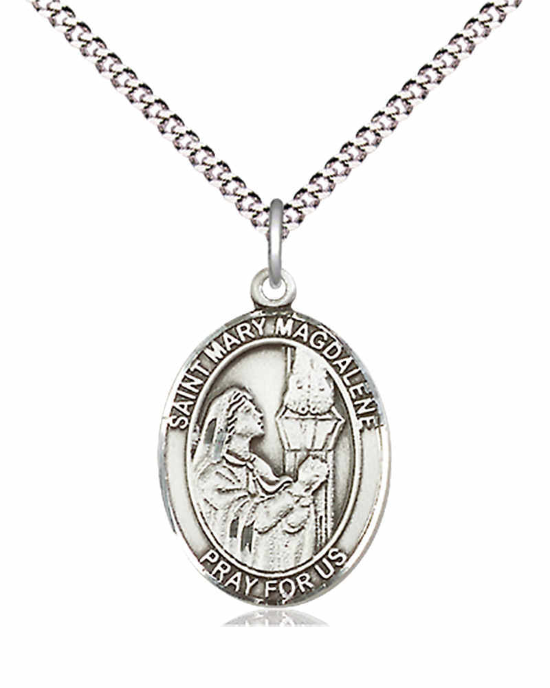 Women's Pewter Oval St. Mary Magdalene Medal - 18&quot; Rhodium Plated Medium Chain + Clasp