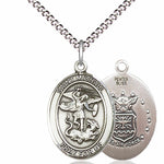 Women's Pewter Oval St. Michael Air Force Medal - 18&quot; Rhodium Plated Medium Chain + Clasp