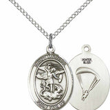 Women's Pewter Oval St. Michael Paratrooper Medal - 18&quot; Rhodium Plated Medium Chain + Clasp