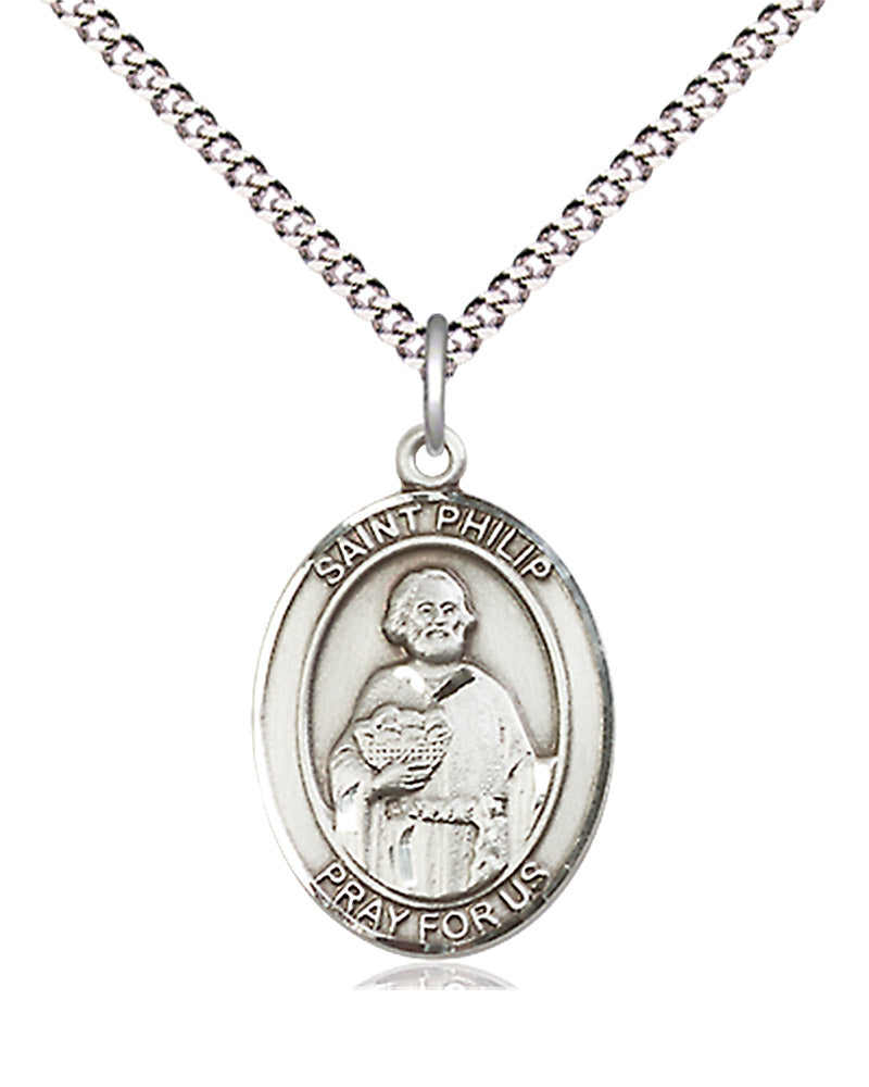 Women's Pewter Oval St. Philip the Apostle Medal - 18&quot; Rhodium Plated Medium Chain + Clasp