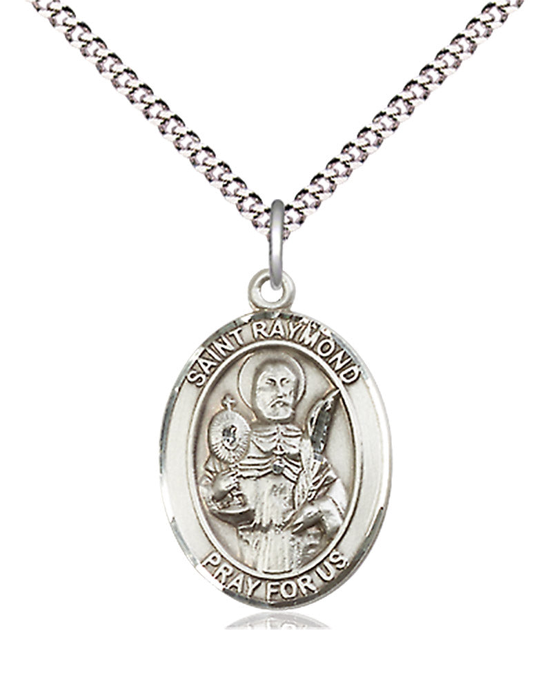 Women's Pewter Oval St. Raymond Nonnatus Medal - 18&quot; Rhodium Plated Medium Chain + Clasp
