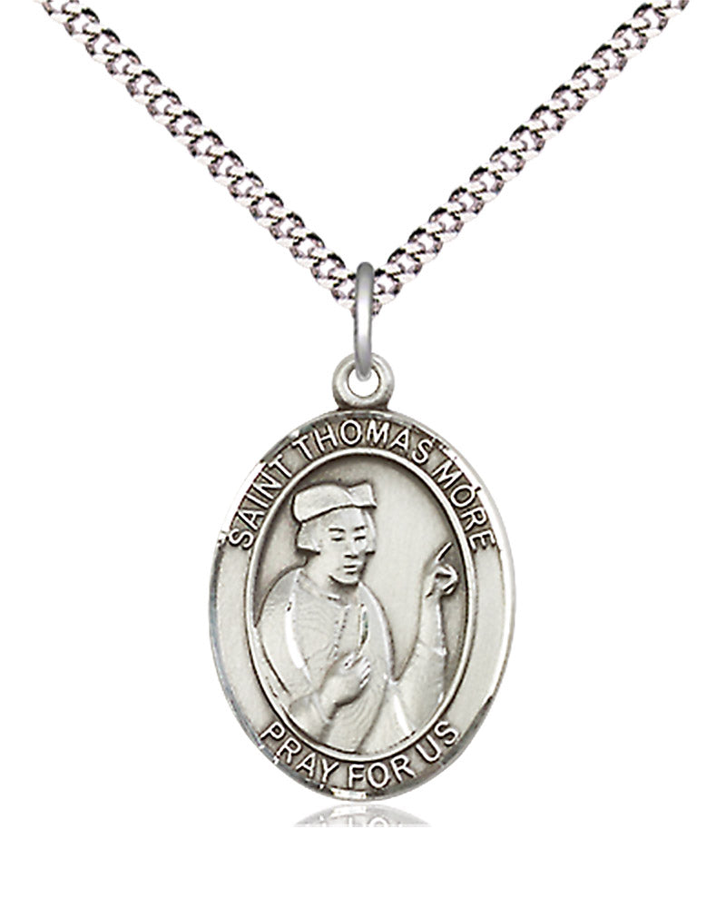 Women's Pewter Oval St. Thomas More Medal - 18&quot; Rhodium Plated Medium Chain + Clasp