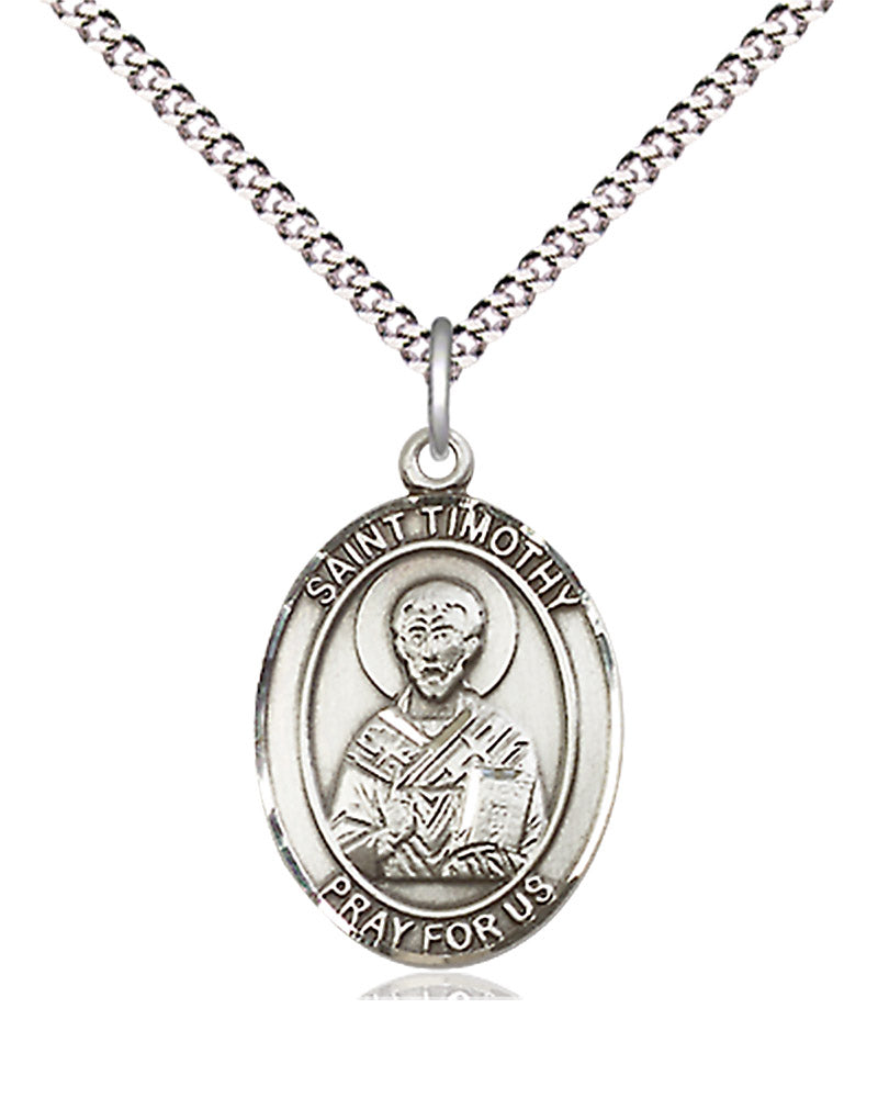 Women's Pewter Oval St. Timothy Medal - 18&quot; Rhodium Plated Medium Chain + Clasp