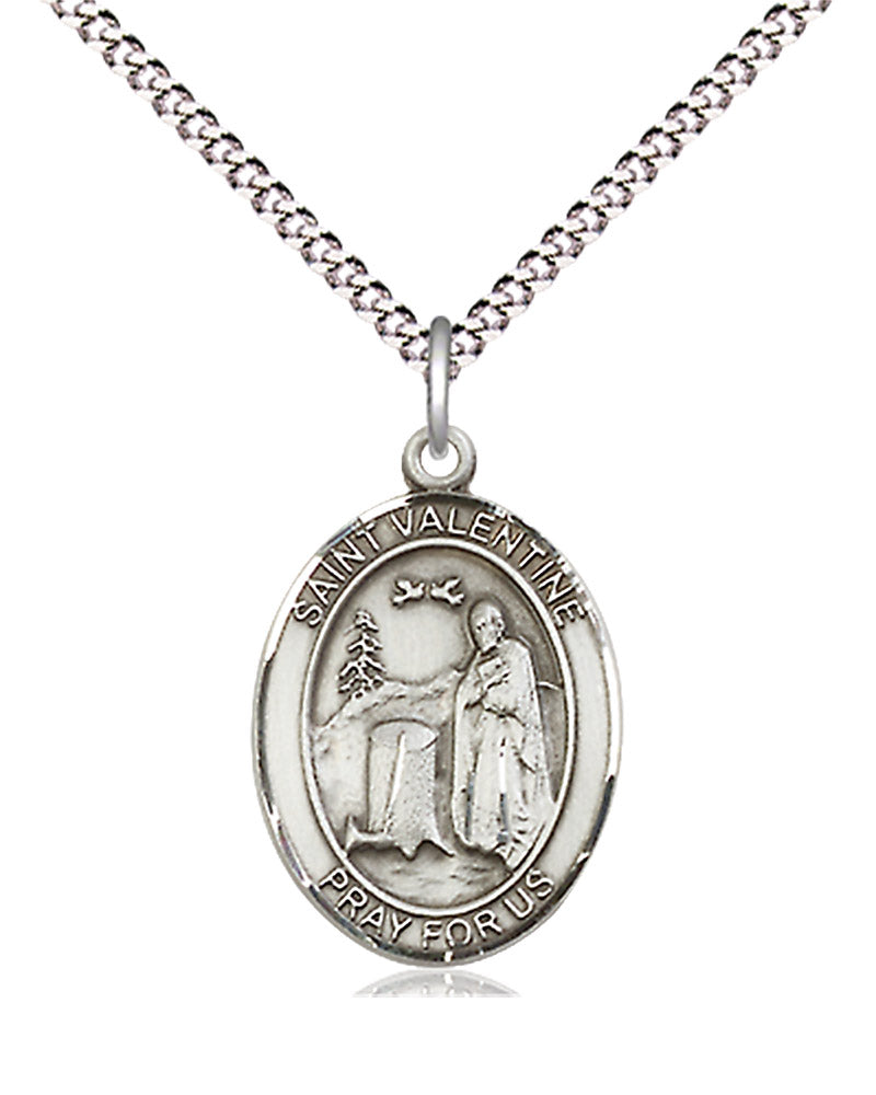 Women's Pewter Oval St. Valentine of Rome Medal - 18&quot; Rhodium Plated Medium Chain + Clasp