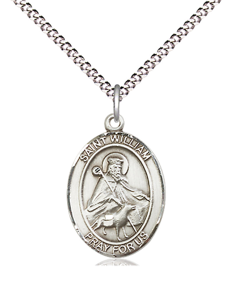 Women's Pewter Oval St. William of Rochester Medal - 18&quot; Rhodium Plated Medium Chain + Clasp