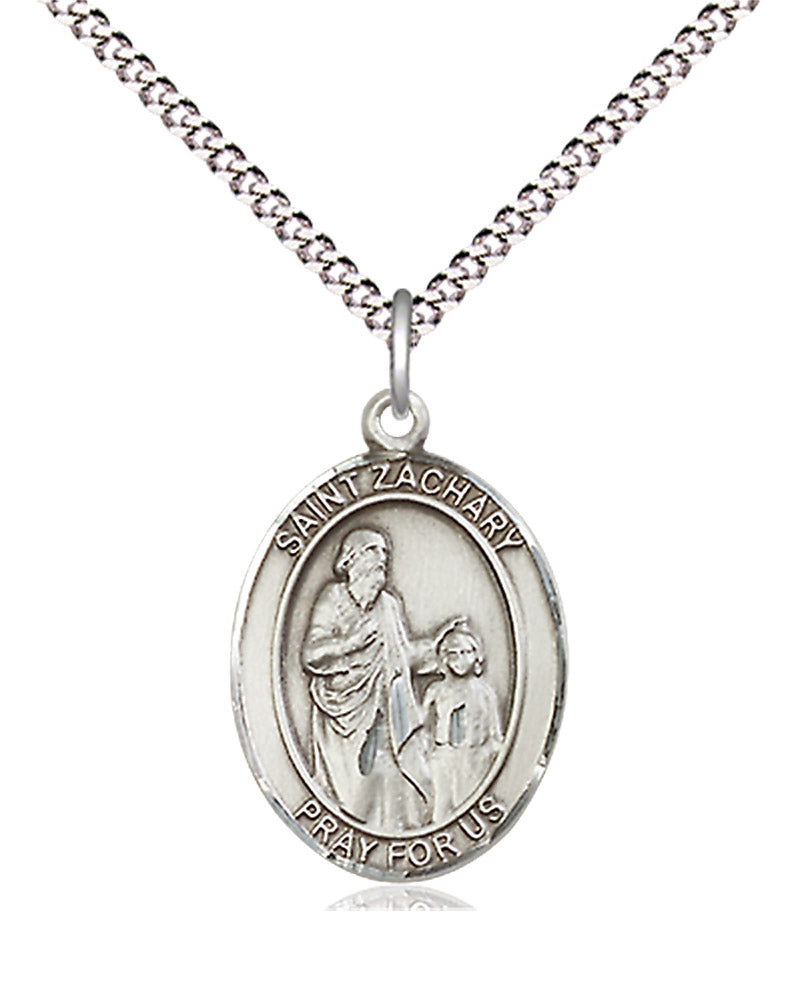 Women's Pewter Oval St. Zachary Medal - 18&quot; Rhodium Plated Medium Chain + Clasp