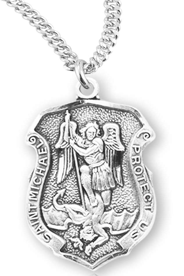 Women's Saint Michael Sterling Silver Police Shield Necklace - 18&quot; 1.8mm Sterling Silver Chain + Clasp