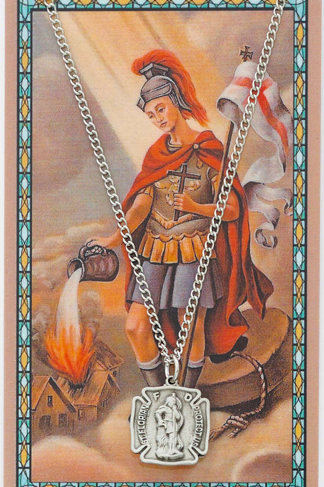 Women's St. Florian Pewter Medal with Prayer Card - Silver tone