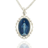 Women's Sterling Silver Oval Dark Blue Enamel Miraculous Medal with Baroque Border - 18&quot; 2.1mm Rhodium Plate Chain + Clasp