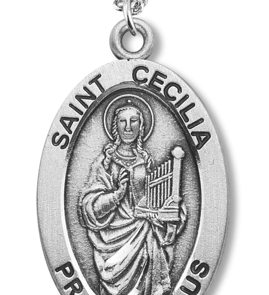 Women's Sterling Silver Saint Cecilia Oval Necklace with Chain Options