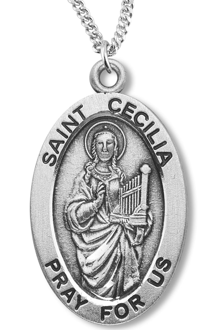 Women's Sterling Silver Saint Cecilia Oval Necklace with Chain Options
