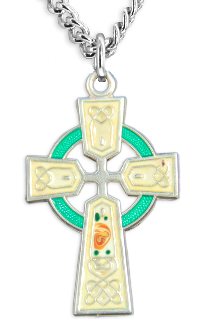 Women's Sterling Silver Celtic Cross Necklace Green Red Enamel Floral Accents with Chain Options - 18&quot; 1.8mm Sterling Silver Chain + Clasp